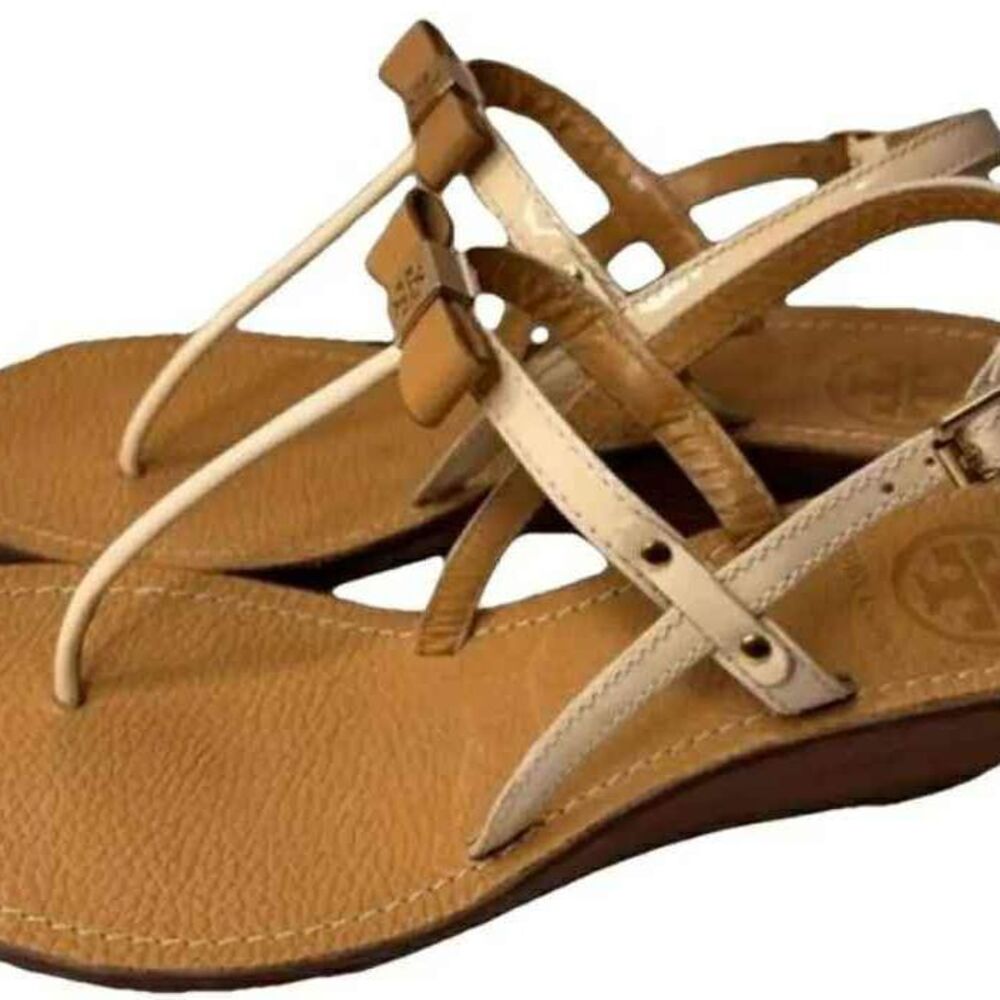 Tory Burch Designer Wedge Tan Ribbon Bow Heel Sandals Size 7.5